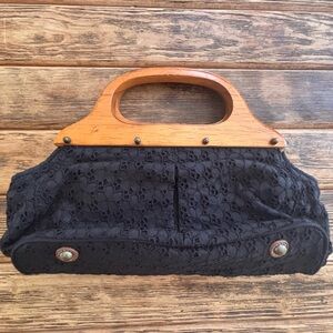 J. Crew Black Lace Clutch with Wooden Handle